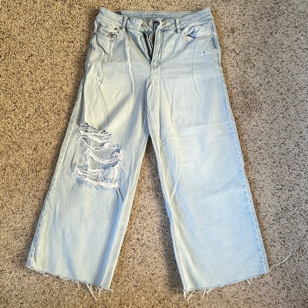 American Eagle Distressed Super High Rise Baggy Wide Leg Ankle Jeans-Strigid